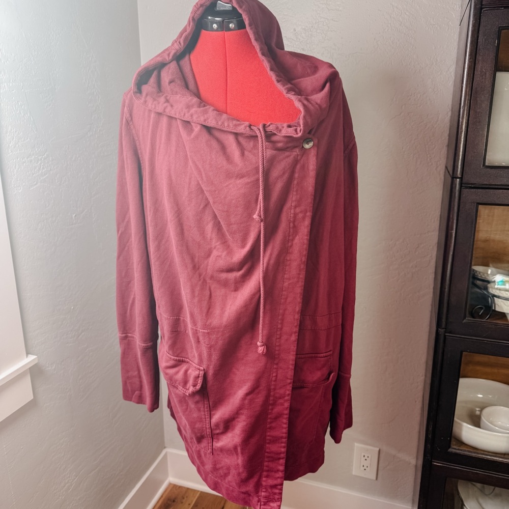 Susina Burgundy Asymmetrical Wrap Button Up Casual Hooded Jacker Size XL
